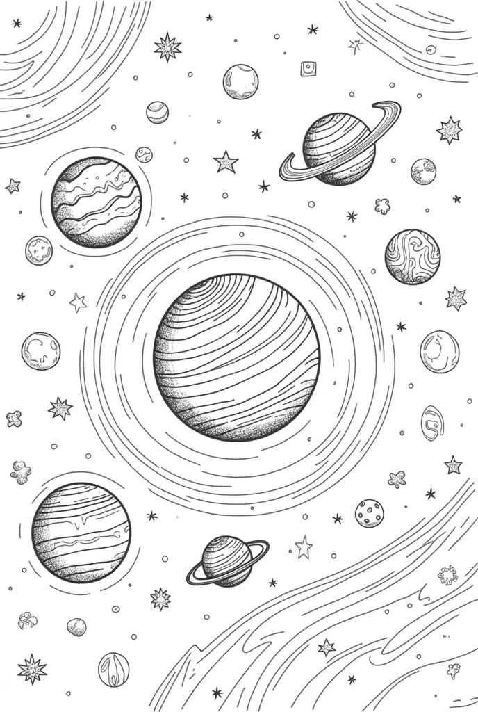 Black and white solar system coloring page 