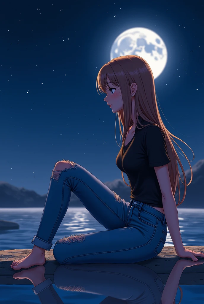 A slim anime girl with brown long hairs waring a blue jeans and black top, sitting in a starry night in 2D