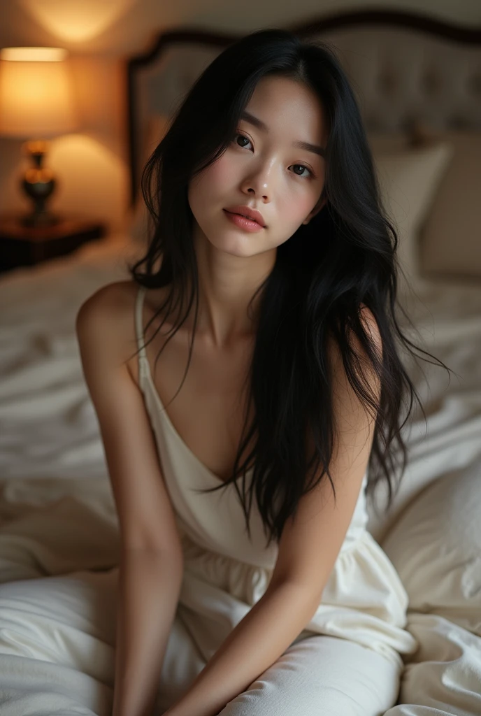 Beatiful naked 18 yo woman sitting on the bed, big breast, white skin, soft skin, black hair
