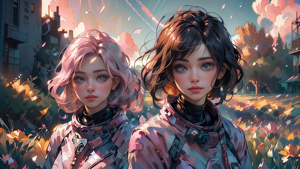 (((ultra realistic))) Photo, masterpiece, top quality, (pale skin), (Ultra detailed face and eyes:1.3), 1 girl, Adult, an astronaut walking through a field of colorful flowers, pink clouds drifting overhead, feeling lost and alone in the boundless expanse of space, detailed astronaut suit, photorealistic, intricate floral details, cinematic lighting, moody color palette, sense of isolation and wonder