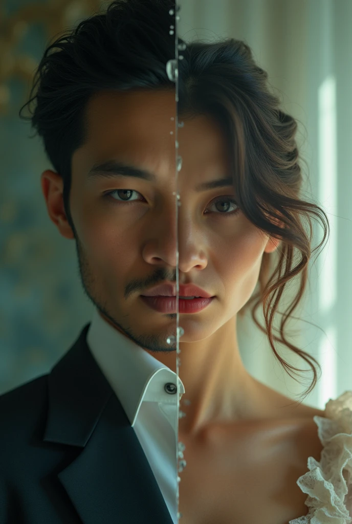 Create two images in one photo: Of a man manipulated by a cruel woman, and of a woman deceived by a wicked man. Both must demonstrate the despair of being unable to free themselves with their broken hearts suffering and crying from the manipulation like puppets of each other. No dark images.