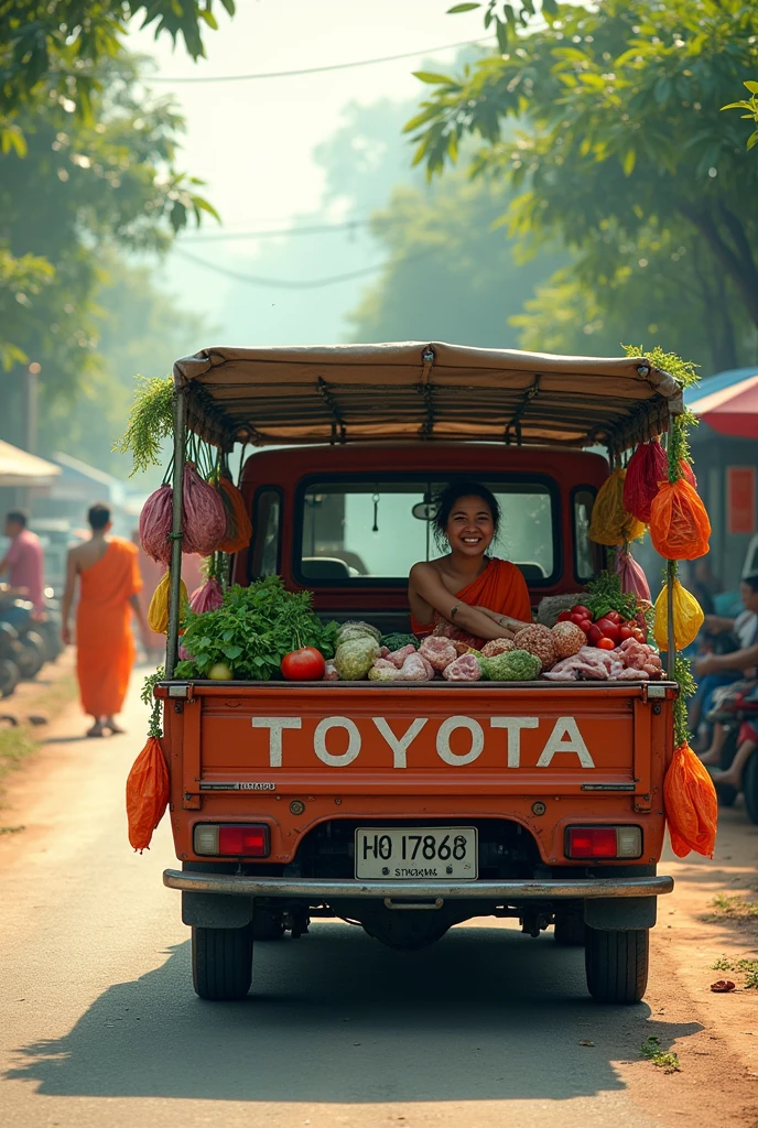 A realistic, high-resolution image (32k) of an old 1986 Toyota pickup truck with a canopy attached at the back, transformed into a mobile grocery store. The truck is covered with small plastic bags filled with vegetables, meat, and cooking ingredients hanging all around. A woman is sitting in the truck bed, selling these goods as if the truck itself is a market stall. The scene is set on a rural village road in Thailand during an early morning. A light mist blankets the area, with soft sunlight filtering through. In the background, three Buddhist monks are seen walking on their alms round, while elderly villagers stand by the roadside, waiting to offer food to the monks.