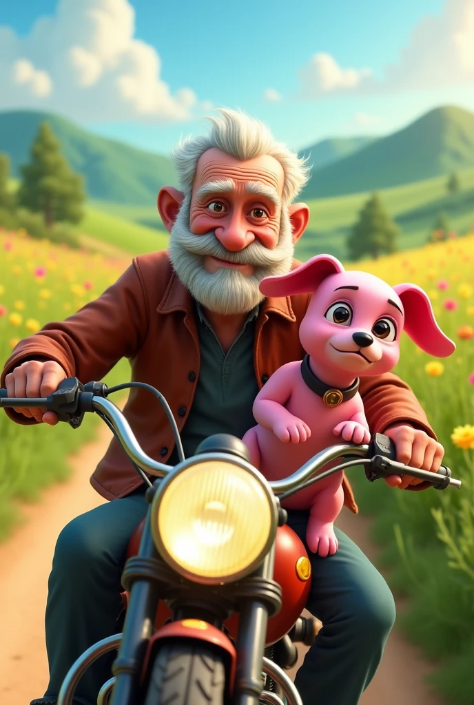 Old man of courage, the cowardly dog driving a motorcycle
