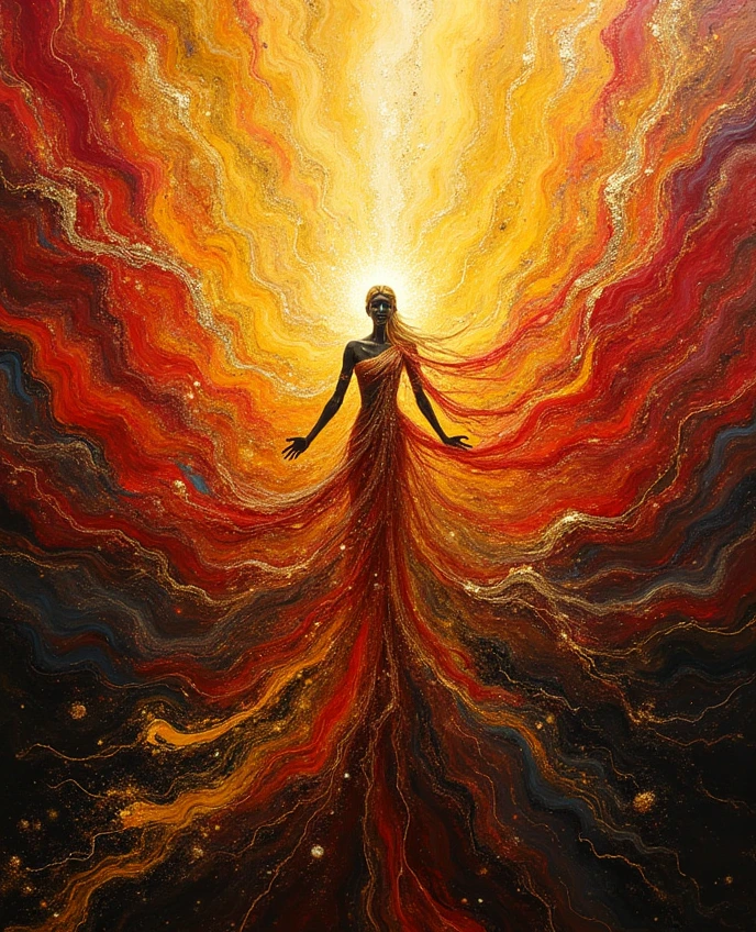 (Shree:1.4), depicted in an Abstract Expressionist style, (a divine presence represented through abstract forms and flowing, radiant energy:1.2), (the figure of Shree is not literal but suggested through swirling patterns of gold, deep reds, and vibrant yellows:1.2), (the aura around the figure is an explosion of light and color, symbolizing divinity and reverence:1.2), (the background is a complex interplay of abstract shapes, textures, and lines, evoking a sense of spiritual depth and connection:1.2), (rich, intense colors dominate the scene, with metallic golds and silvers interspersed with vibrant hues:1.2), (perfect image quality:1.4), (intricate details in the brushwork, capturing the essence of spiritual energy and divine presence:1.2), (the overall composition is fluid and dynamic, reflecting the power and grace of Shree:1.2), (the image conveys a sense of reverence, purity, and spiritual enlightenment:1.2)