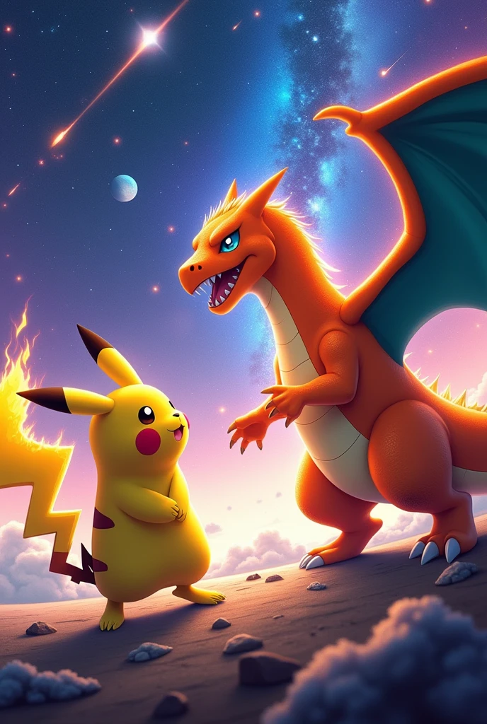Live galaxy background with Pikachu and Charizard