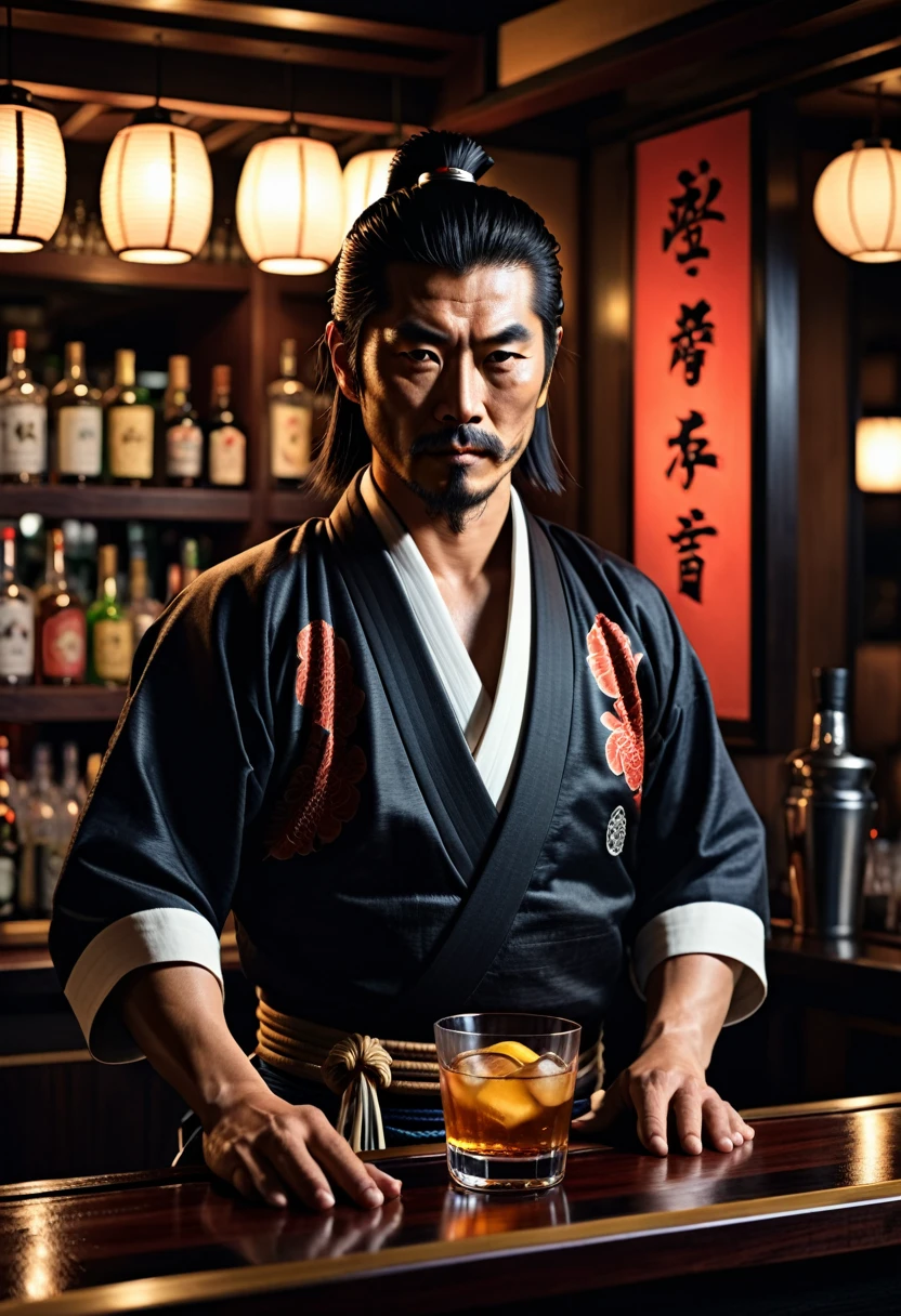 japanese samurai bartender, hyperrealistic, dim light