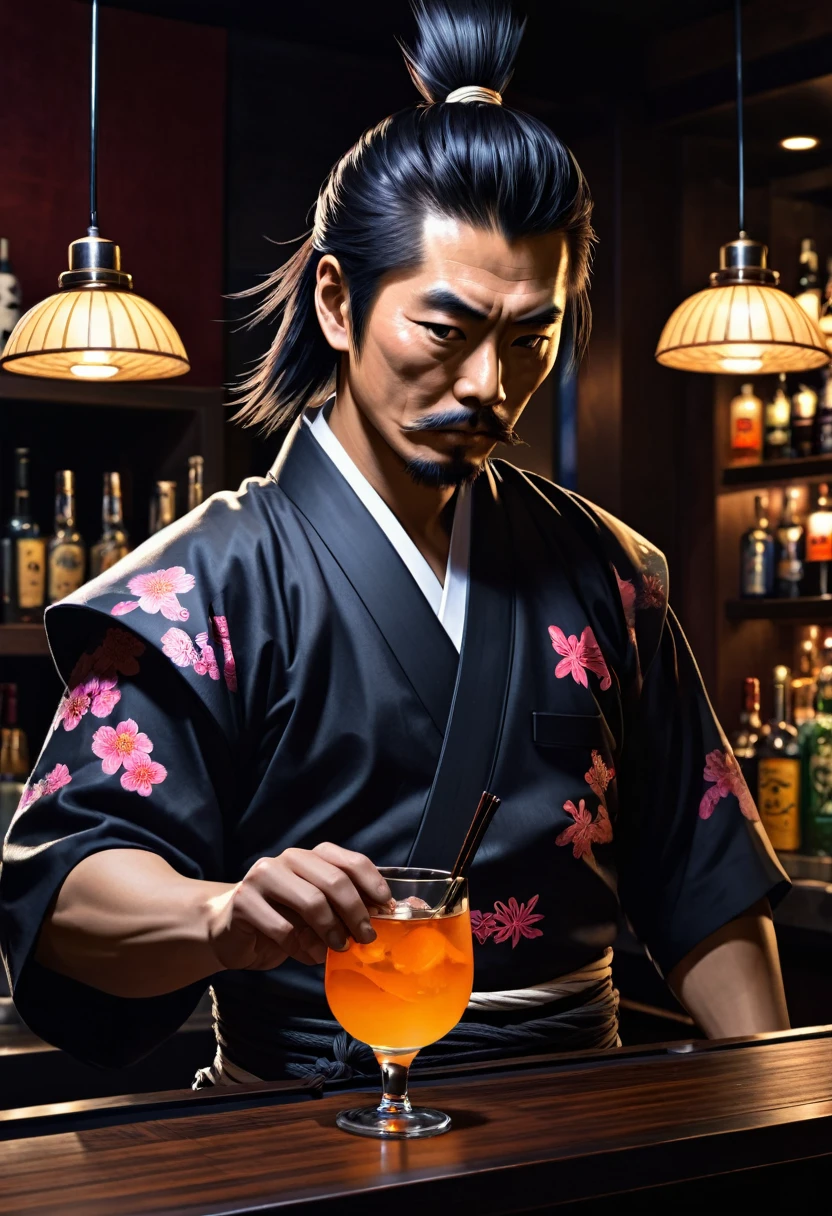 japanese samurai bartender, hyperrealistic, dim light