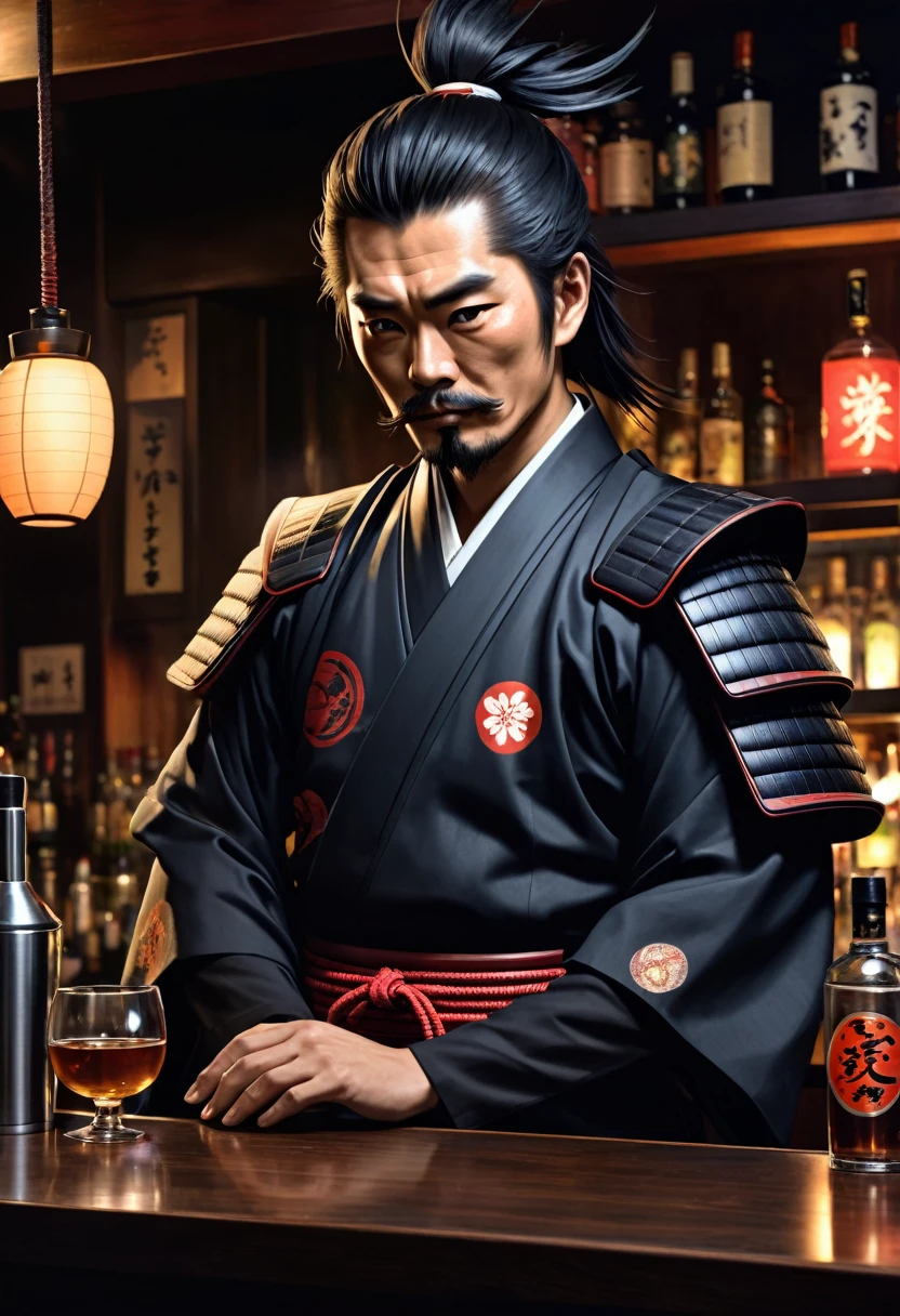 japanese samurai bartender, hyperrealistic, dim light