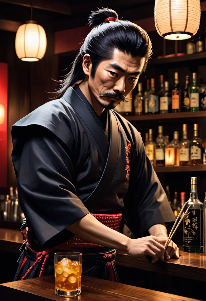 japanese samurai bartender, hyperrealistic, dim light
