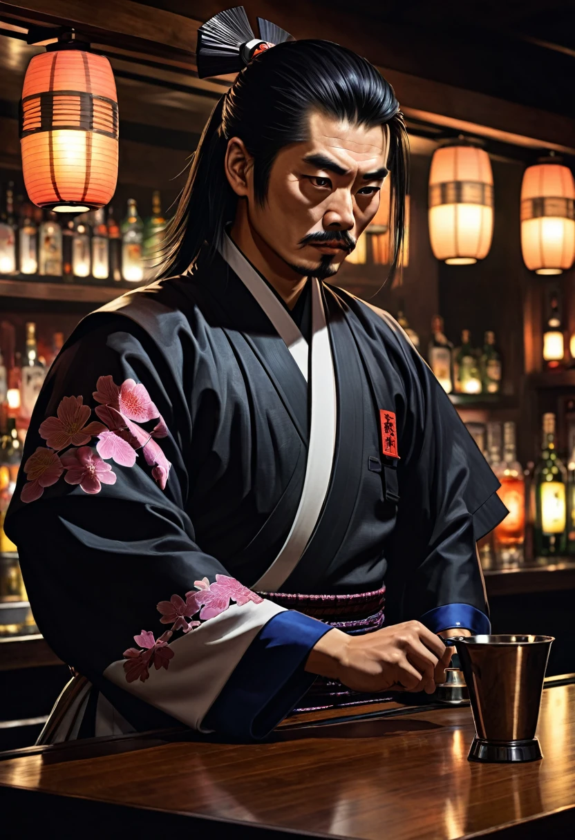 japanese samurai bartender, hyperrealistic, dim light