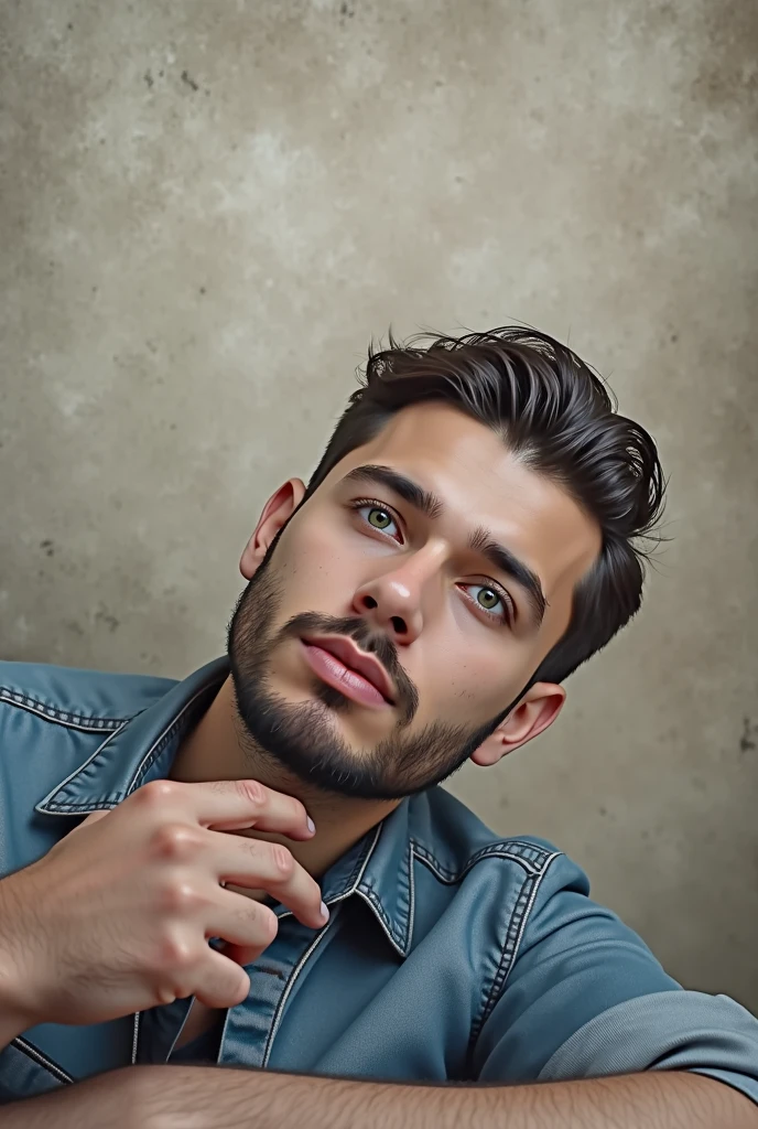 A detailed portrait of a man with striking green eyes, a strong jawline, and a thoughtful expression, handsome detailed face, photorealistic, high resolution, 8K, best quality, cinematic lighting, dramatic shadows, warm color tones, masterpiece