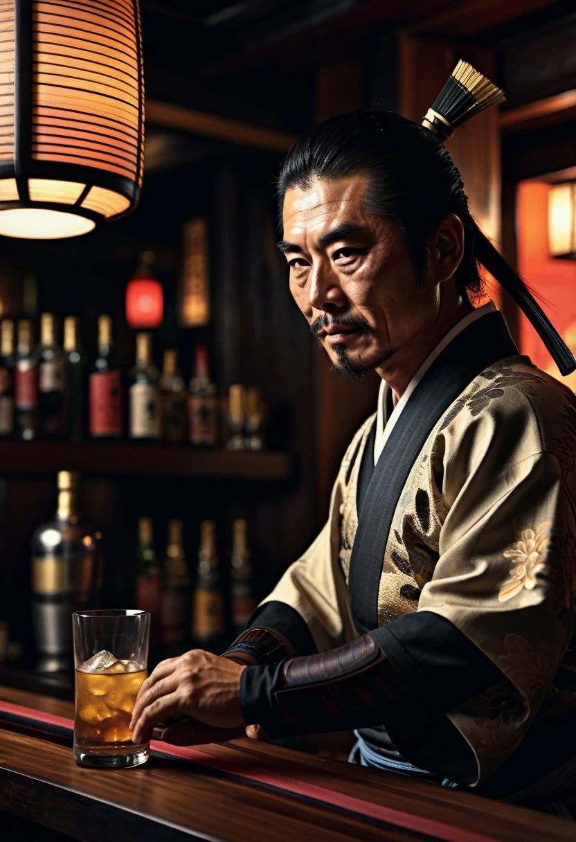 japanese samurai bartender, hyperrealistic, dim light