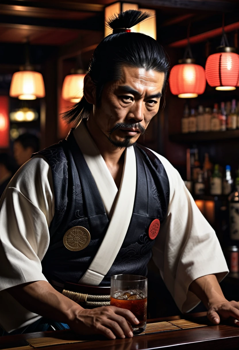 japanese samurai bartender, hyperrealistic, dim light
