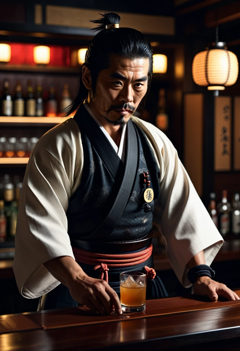japanese samurai bartender, hyperrealistic, dim light
