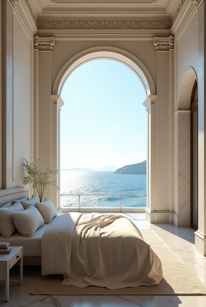 A room with a large bed, large window with sea view, luxurious and comfortable, modern inspired by ancient Greece
