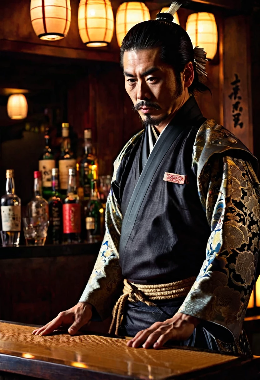 japanese samurai bartender, hyperrealistic, dim light
