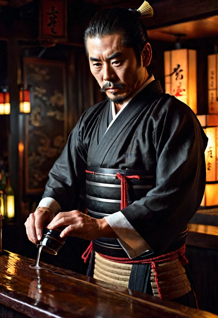 japanese samurai bartender, hyperrealistic, dim light