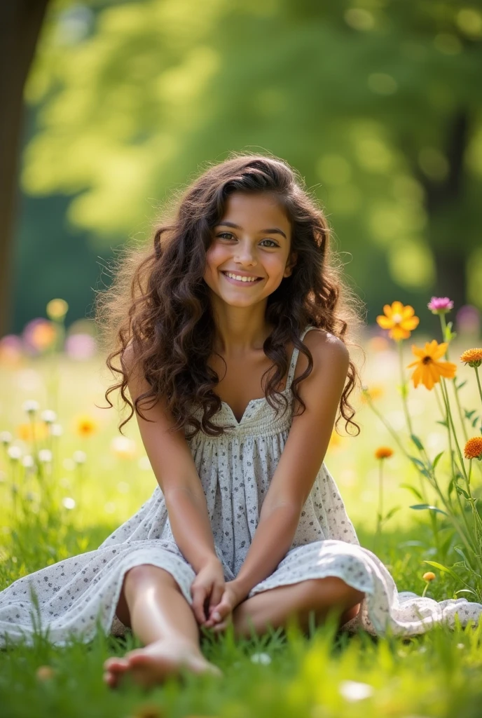 A brunette girl with curly hair and her boobs aout sits with her legs stretched out, taking a realistic photo