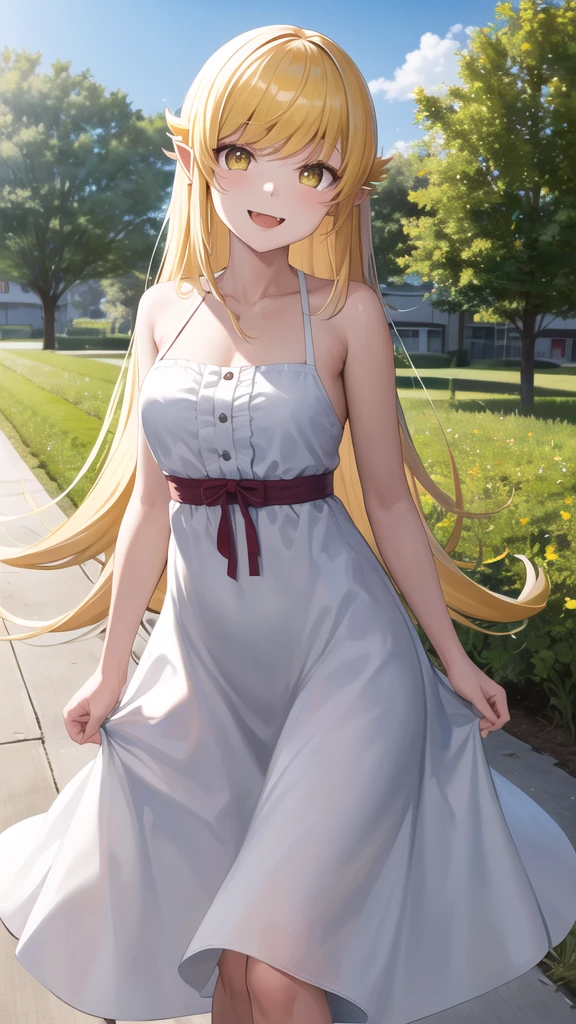 masterpiece, best quality, highres, aashinobu, aged down, long hair, pointy ears, white dress, standing, cowboy shot, smile, fang, outdoors,