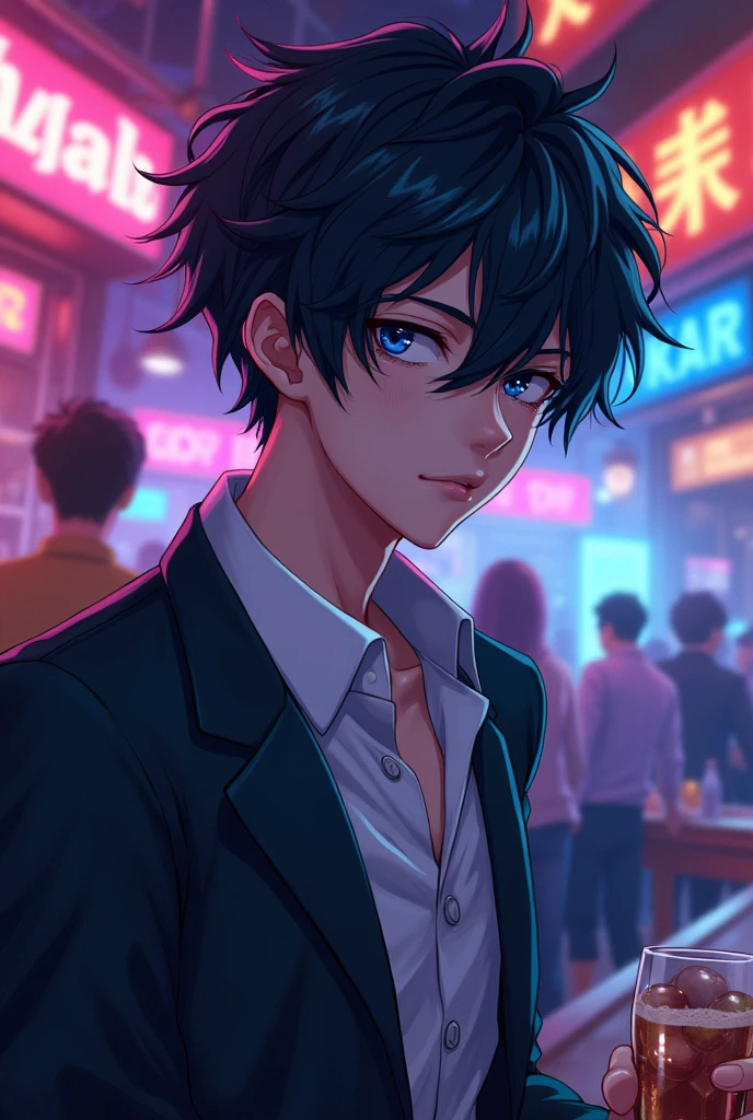 Boy with black hair and blue highlights, grey eyes and pale skin, that his facial features are a bit of a flirtatious boy, but strong, works in a bar at night, and he is a university student.
Let it be in 2d or anime