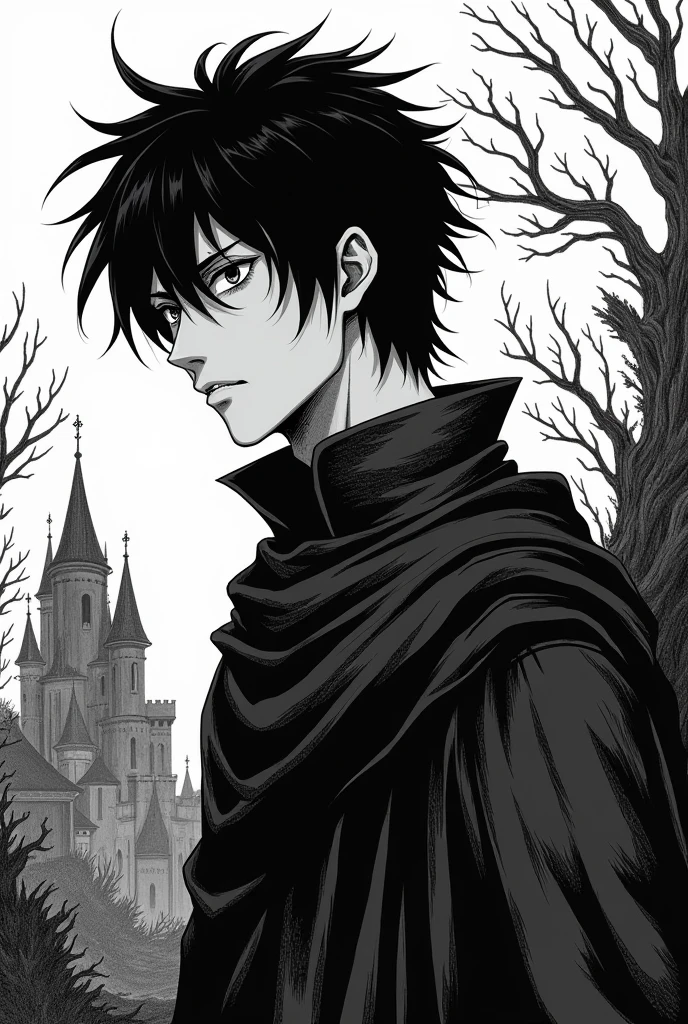 Create a manga cover, the protagonist has black hair and an empty, tired expression. His vibe is kind of dark., The cover style is like a manga illustration with hatching and shading., in black and white the time is medieval and the character has a striking look of weariness and emptiness, with the line the sleeve
