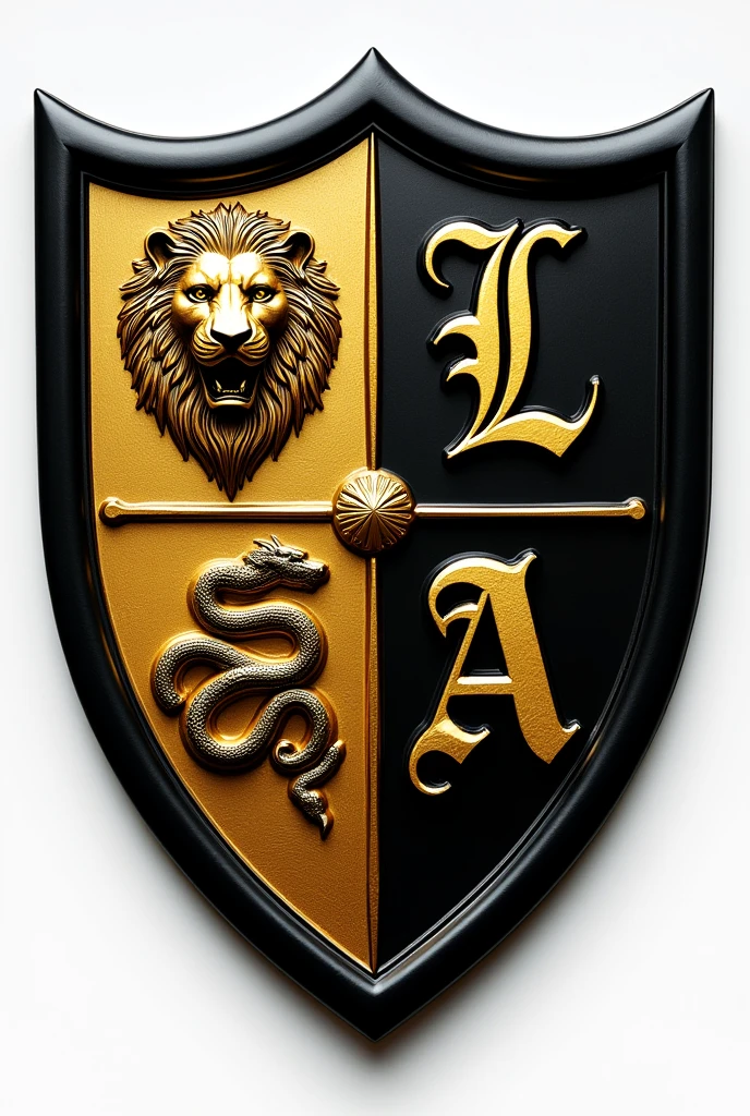 A coat of arms in the shape of a shield divided into four parts, on the upper left side,a lion often used in coats of arms, on the top right side, a letter L in gothic format, on the bottom right side a snake in the same style as the lion, In the bottom left corner, a letter A, at the bottom of the lion and the snake, the shield will be black, and the golden animals, at the bottom of the letters,the shield will be golden, and the black letters