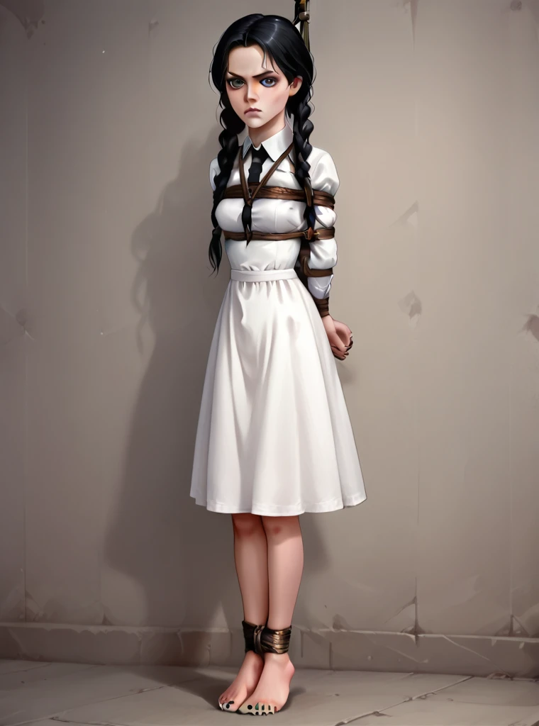 score_9, score_8_up, score_7_up, source_anime BREAK wednesday,
, 1girl, solo, twin braids, braid, black hair, looking at viewer, dress,((( 5 toes, black toe nails, Focus full body, tied ankles together,tied arms, with no shoes,standing,)))