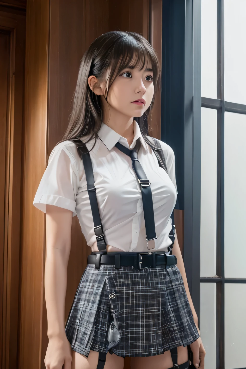 1 female, , high quality, masterpiece, Ultra-high resolution, Cinema Lighting, 1 female, , high quality, masterpiece, Ultra-high resolution, , Cinema Lighting, suspenders　　　Moderate breasts　 　 　　　　　 　　　　Small face　 　　　　　　　　　　　Looking up　　　　Sweat 　　　Thin belt　buzzer　脇Sweat 　　　　 　garter belt　　Belt on pants　　holster　 　　Hands behind your back　 　Looking up　Anxious face　Knee-high　Knee socks　Knee-highソックス 　garter　ふとももにgarter belt　Checkered mini skirt　 　　Panty shot　Skirt gap Armament　　　holster　holster 　　Hands behind your back　 Anxious expression　　Anxious face, legs apart　Armament　　Leg Holster　holster　See-through clothing　heavy rain　Rain-soaked dress shirt,Moderate breasts　ガーターbelt　suspenders　Garter on the thigh　Checkered mini skirt　Looking up　Pause　belt　Armpit sweat　Hands behind back　Raise your hands