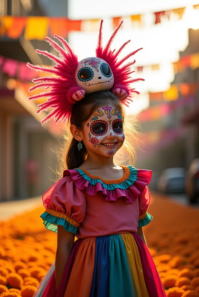 A girl dressed as a Mexican Catrina with an axolotl headdress