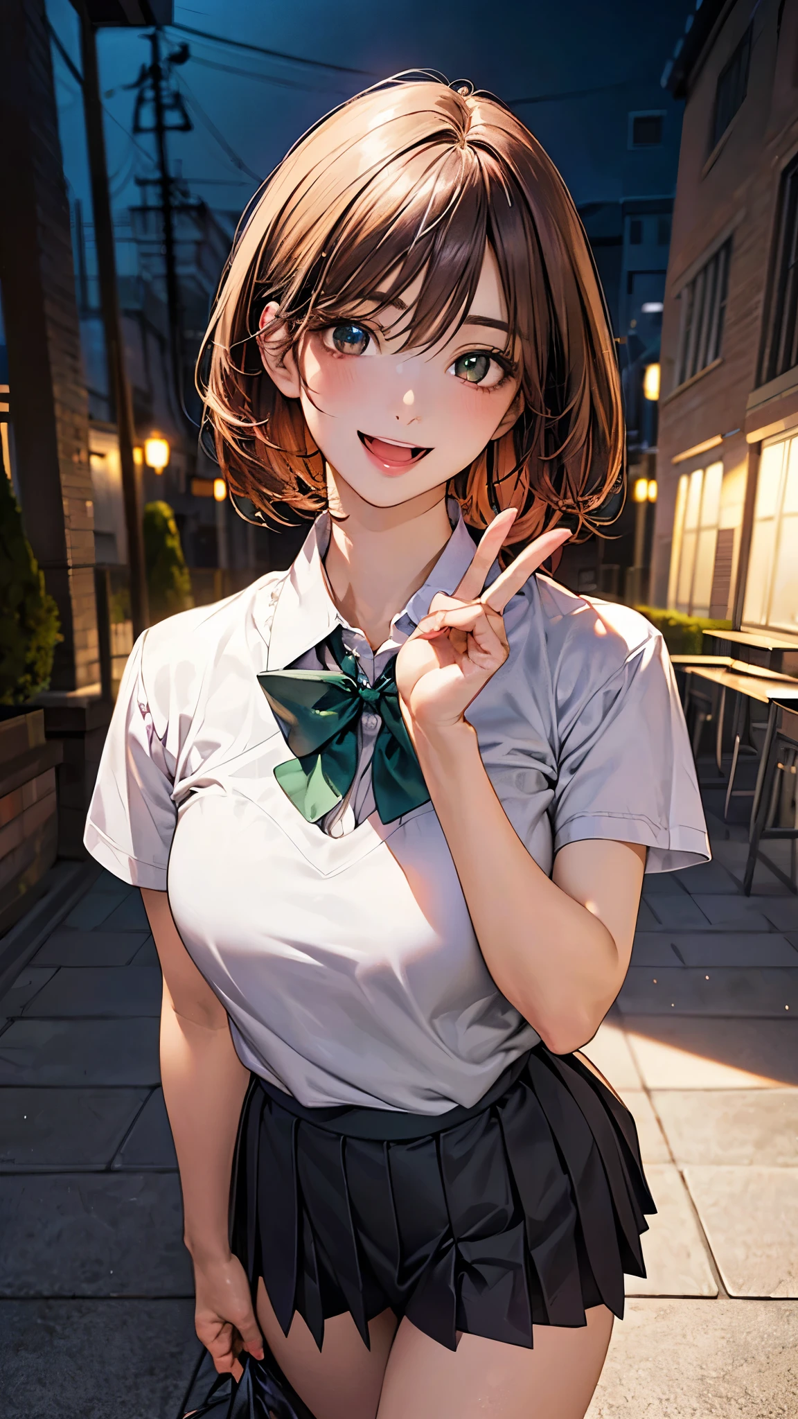 (masterpiece:1.2, highest quality), (realistic photo:1.4), beautiful illustrations, (natural side lighting, movie lighting),
beautiful hair, beautiful face, detailed and beautiful eyes, beautiful clavicle, beautiful body, beautiful breasts, beautiful thighs, beautiful feet, beautiful fingers,
looking at the viewer, 1 girl, high school girl, (perfect anatomy, anatomically correct, super detailed skin), cute symmetrical face, baby face, perfect face, perfect eyes, slender,
(short hair, pixie cut hairstyle, red brown hair), hair between eyes, emerald green eyes, big eyes, slant eyes, long eye lasher, (medium breasts, seductive thighs), perfect body, shiny skin,
(detailed cloth texture, break short sleeve light grey collared shirt, break dark purple pleated skirt, dark purple bow tie), break
(beautiful scenery), night, (school yard;1.2), standing, break (peace sign), break (happy smile, open mouth, feeling of satisfaction),