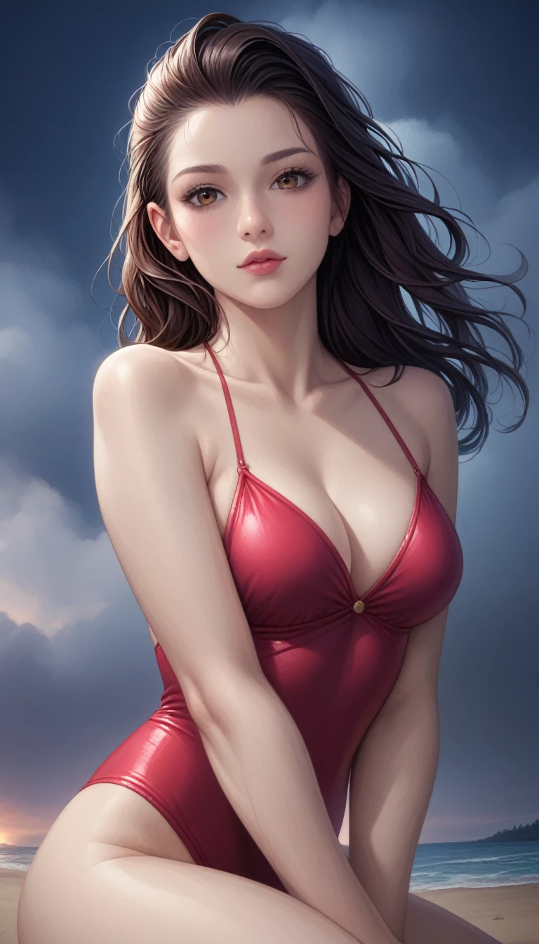 score_9, score_8_superior, score_7_superior, High-resolution CG illustration,A masterpiece in 32K resolution,Highest quality,it is really amazing,Very detailed,Ultra-high resolution,Ultra-realistic,Realistic,Increased depth of field,Cinematic lighting,
Sexy mature Japan woman,
Straight long hair with black hair,Showing his forehead,Cool Beauty,Ultra-detailed and beautiful face,Calm and gentle look,Beautiful brown eyes,Transparent white skin,Realistic skin texture,Great proportions,
Elegant red swimsuit,
Simple design,Chic color scheme based on red,Detailed fabric texture,
(Dark overcast sky on a dull night:1.1),(Dark clouds filling the sky:1.1),Thundercloud,Coastline at night,Stormy seas,delay々A desolate sandy beach that continues,
Kneeling on the sand,Low - Angle,