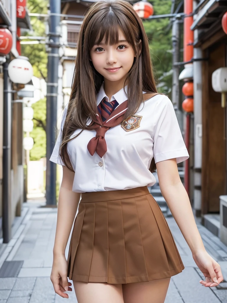 (8k,Highest quality,masterpiece: 1.2),(Realistic, Realistic: 1.37),Very detailed,One person,beauty,cute,Baby Face,smile, One personで,(Nose redness),(smile: 1.15),Beautiful Eyes,Big eyes,Brown eyes,(Brown Long Hair: 1.5),bangs,Floating Hair NovaFrog Style,whole body,(Huge breasts:1.0),(Thighs:1.0),(((cute Japan Beautiful Girl))),(Beautiful attention to detail), (Highest quality), (Very detailedな), (masterpiece), (school uniform:1.4),(Ultra short micro mini skirt:1.4),(Body like a model),(Long legs)