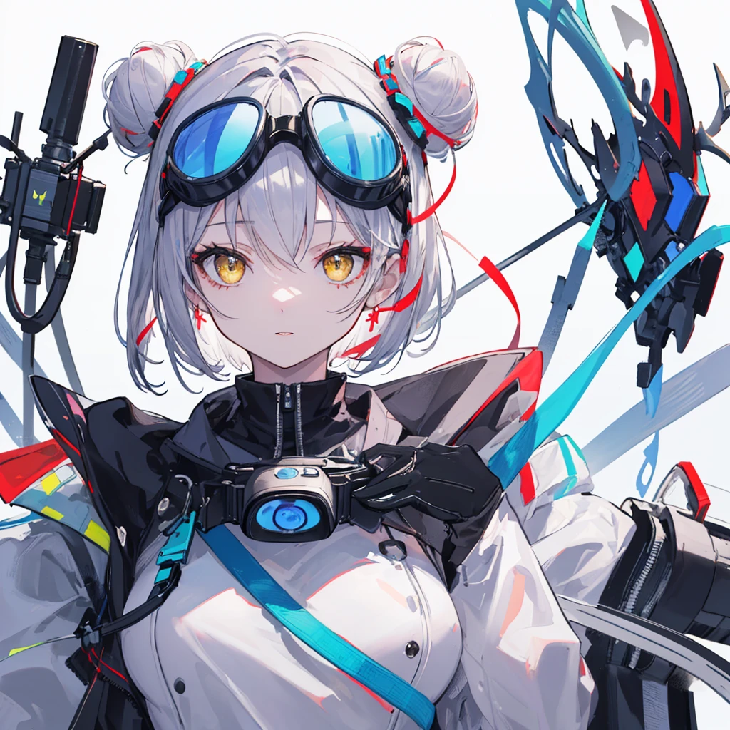 ((Highest quality)), ((masterpiece)), (detailed), ((Highest quality)), ((masterpiece)), (detailed), 1 girl, sexly, yellow eyes, short hair, double bun_topknot, hair ribbon, whole body, Portrait of a stylish 20 yo woman software engineer, ((with smart goggles)), ((summer outfit)), white Futuristic clothing with blue and red accent colors, ((simple background)), monotone background