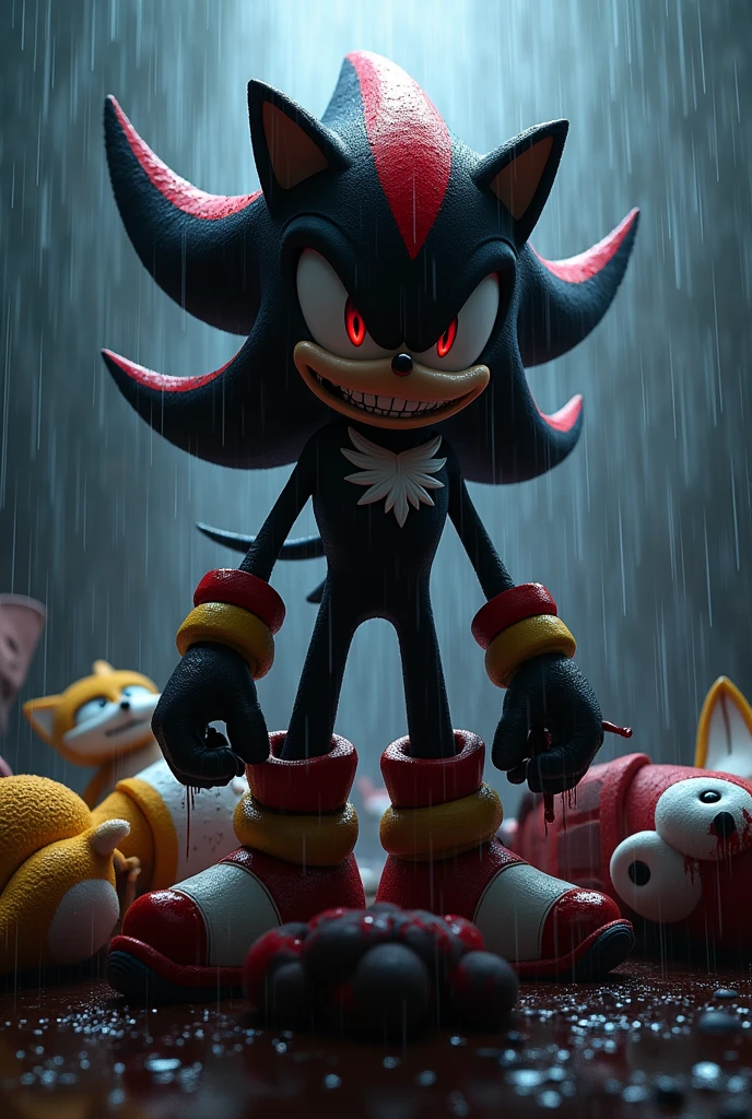 Shadow the hedgehog with a psychopath face with sharp teeth full of blood with a bloody knife in his hand with Sonic, knuckles the echidna and tales around him dead while it rains