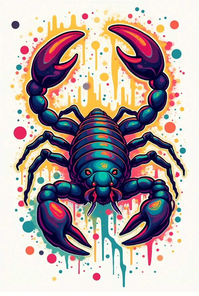 A tshirt design, a scorpio symbol funky, trendy, no background, fun, colorful