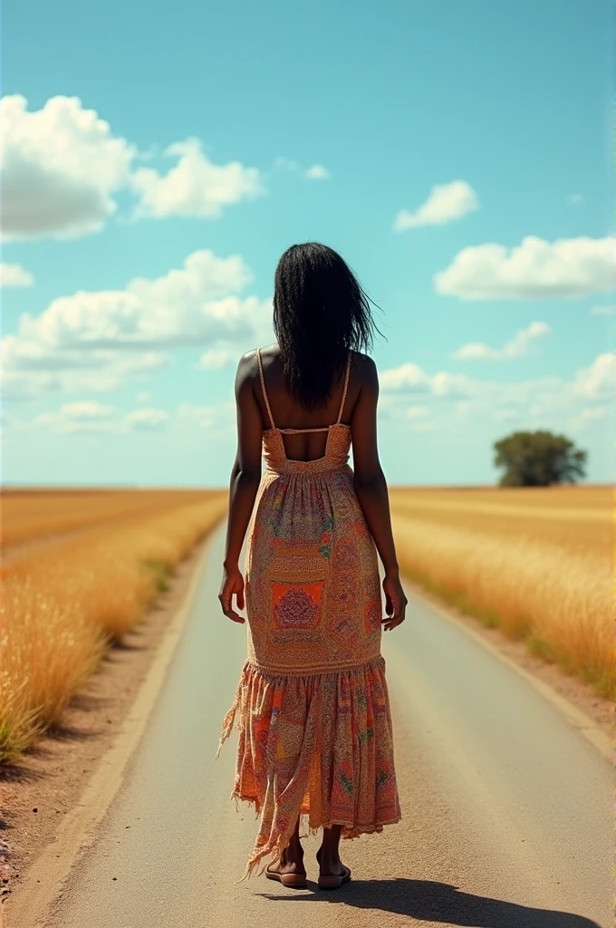 A black woman on a road with a torn and damaged dress, from the back.