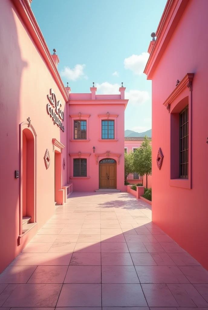 (photorealism:1.2)  Empty pink girls' school yard,  classic school building, clean in good shape, the sign "Colegio Coquetas" and the signs of many kisses 💋 on the walls, not childish drawings on the walls, no crosses anywhere, realistic, intricate details