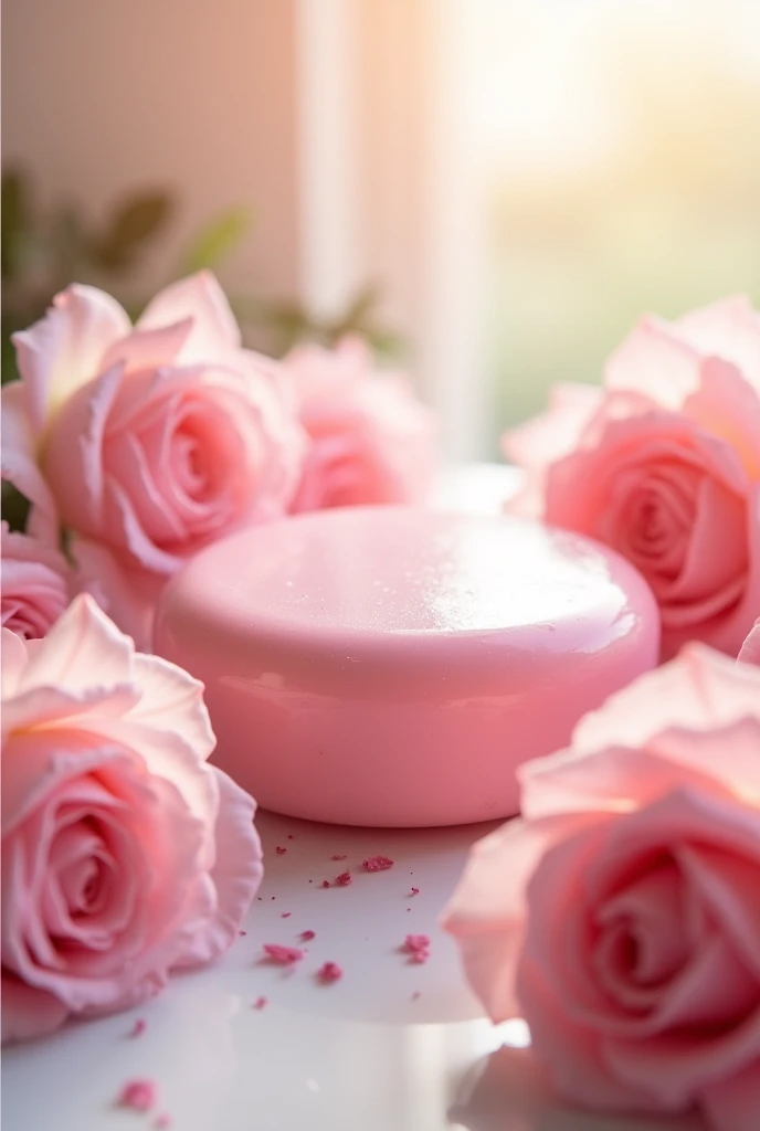 pink soap and roses at the edges of the image
