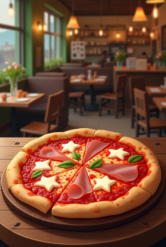 Drawing a simple Margherita pizza with cheese and ham, retro like the previous one, change the shape of the ham