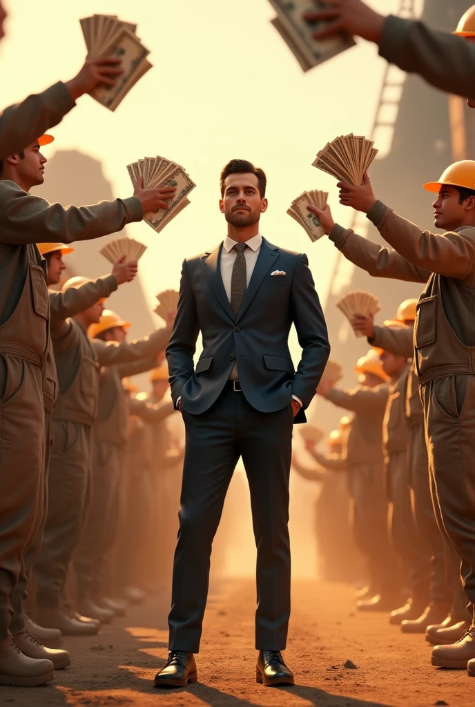 Business man giving paper money to the people working in the mining site. 3D.
