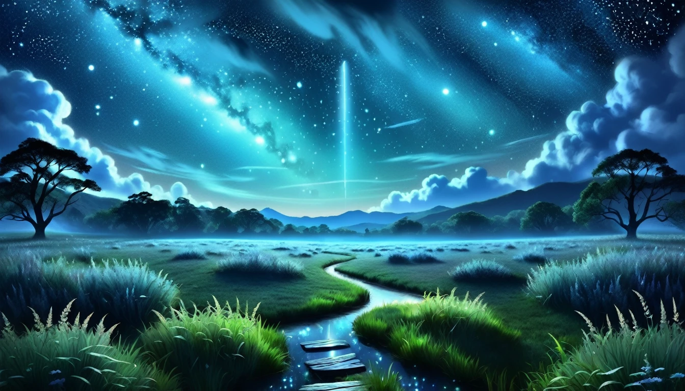 sky landscape,night sky,stele,cloudy sky,grass field,beautifully lit sky,serene night,Sky full of stars,fluffy clouds,Grama Dewy,quiet night scene,lush vegetation,tranquil ambience,sparkling stele,serene landscape of starlight,calm surrounded by nature,ethereal atmosphere,dark sky with twinkling stele,soft grass,luminous night sky,astral beauty,calming environment,vividly painted stele,dreamy clouds,chirping of crickets,nocturnal wonders,serene meadow,majestic celestial display,whispering breeze,enchanted view,celestial canopy,Shimmering constellations,serenity under the night sky,night tranquility,hidden mysteries of the cosmos,fickle clouds,Moonlit sky,meal,Starry skies,dreamlike images,cloudy night sky,illuminated grasses