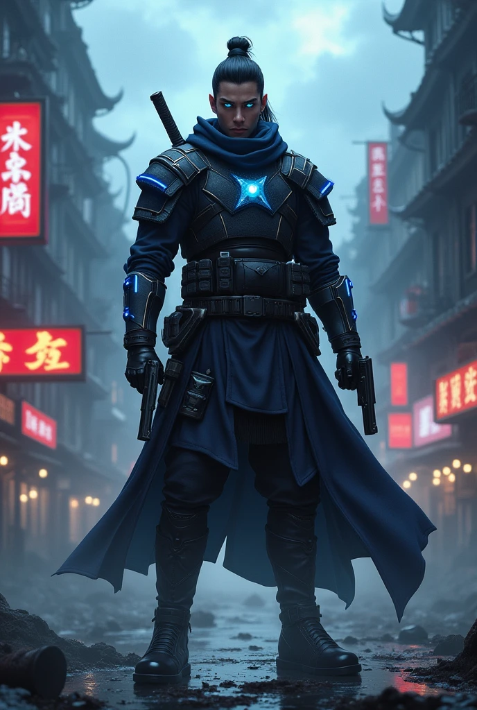 RPG, Realistic A Clearance, Cao Cao, 1,80 white, weighing 80 kg, blue colored eyes, with two pistols