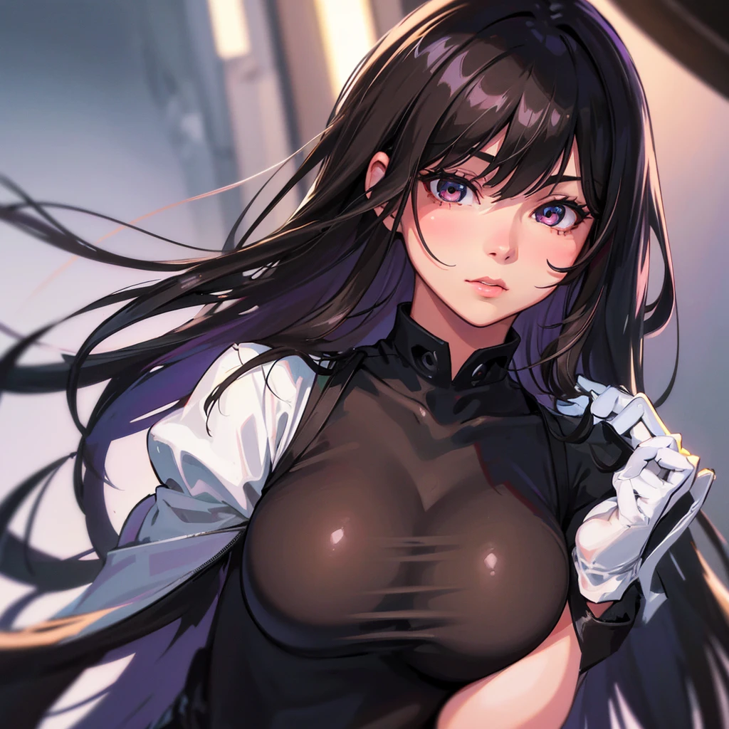 photoRealistic, Lip gloss, Realistic, Highest quality, Ultra-high resolution, depth, pastel colour, Natural Shading, Focus on the face, Only the face, Looking at the audience, Long Hair, Black Hair, Brown, well-detailed eyes, Black Dress, gloves, Anatomically correct