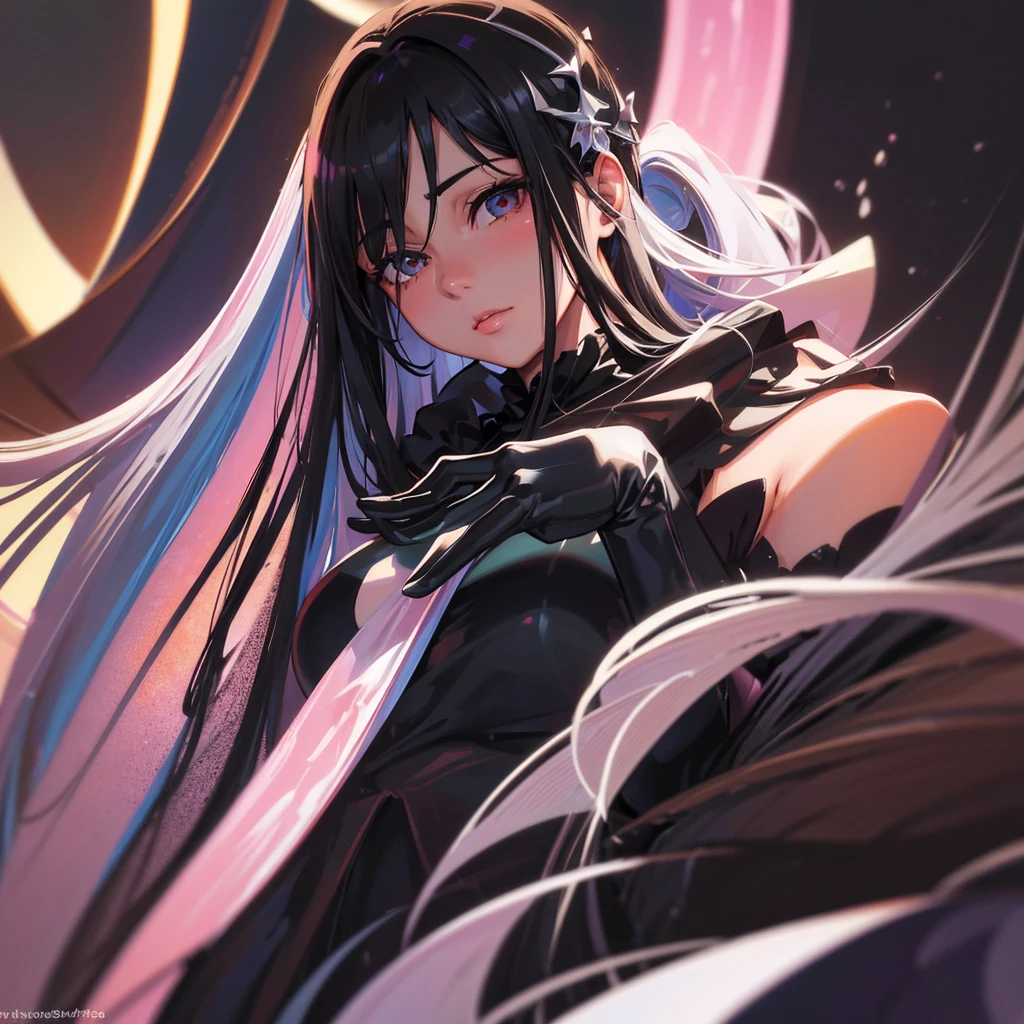 photoRealistic, Lip gloss, Realistic, Highest quality, Ultra-high resolution, depth, pastel colour, Natural Shading, Focus on the face, Only the face, Looking at the audience, Long Hair, Black Hair, Brown, well-detailed eyes, Black Dress, gloves, Anatomically correct