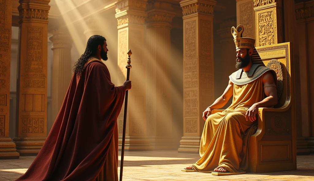 A scene showing the Prophet Moses, peace be upon him, standing bravely before Pharaoh in his huge palace. Moses is holding his staff, and his face shows confidence and faith. Pharaoh on the throne wearing the clothes and crown of the pharaohs