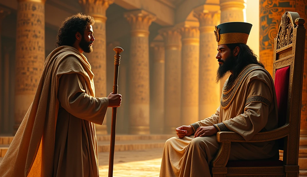 A scene showing the Prophet Moses, peace be upon him, standing bravely before Pharaoh in his huge palace. Moses is holding his staff, and his face shows confidence and faith. Pharaoh on the throne wearing the clothes and crown of the pharaohs