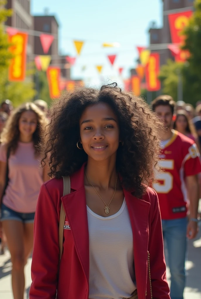 Create a university setting in the background and in the foreground a teenage girl with black skin and dark curly hair., behind her is a teenage girl with fair skin and wavy brown hair, On the opposite side there is a blonde with straight hair, wearing pink clothes and faces, Behind her is her boyfriend, Blonde and wearing an American football team jersey, The two couples have a rivalry. The black girl stands in the middle.