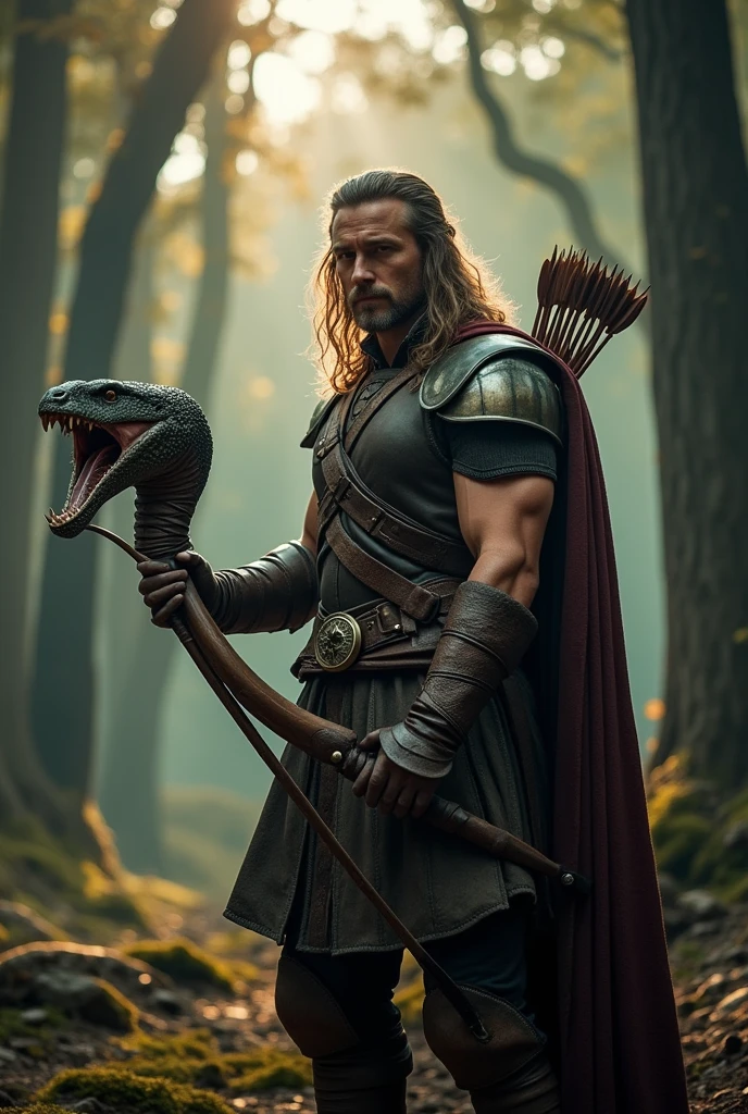 Create a high-quality, advanced level of detail and cinematic style image using artificial intelligence. The image should depict an adult man, approximately 30 years old, with long hair and a muscular build. He is wearing leather armor, with a quiver of arrows strapped to his back and a bow in his hand. In his left hand, he wields a longsword, while his right hand holds the severed head of a gigantic serpent with ten heads.