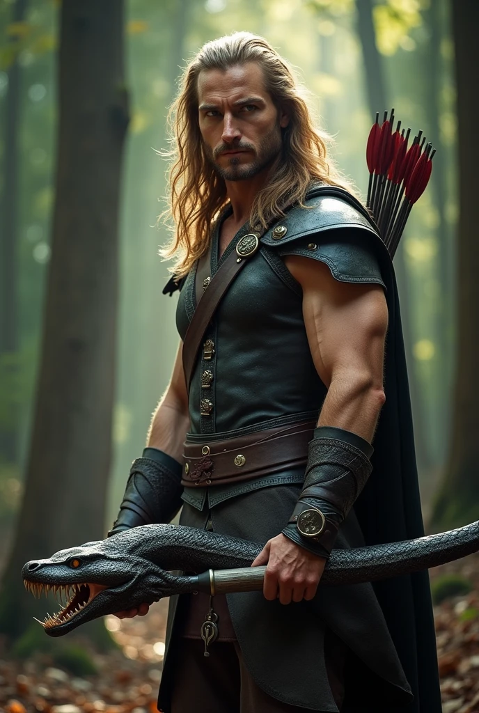 Create a high-quality, advanced level of detail and cinematic style image using artificial intelligence. The image should depict an adult man, approximately 30 years old, with long hair and a muscular build. He is wearing leather armor, with a quiver of arrows strapped to his back and a bow in his hand. In his left hand, he wields a longsword, while his right hand holds the severed head of a gigantic serpent with ten heads.
