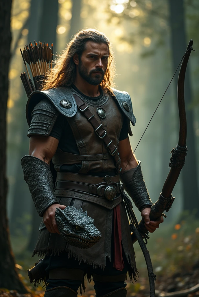 Create a high-quality, advanced level of detail and cinematic style image using artificial intelligence. The image should depict an adult man, approximately 30 years old, with long hair and a muscular build. He is wearing leather armor, with a quiver of arrows strapped to his back and a bow in his hand. In his left hand, he wields a longsword, while his right hand holds the severed head of a gigantic serpent with ten heads.